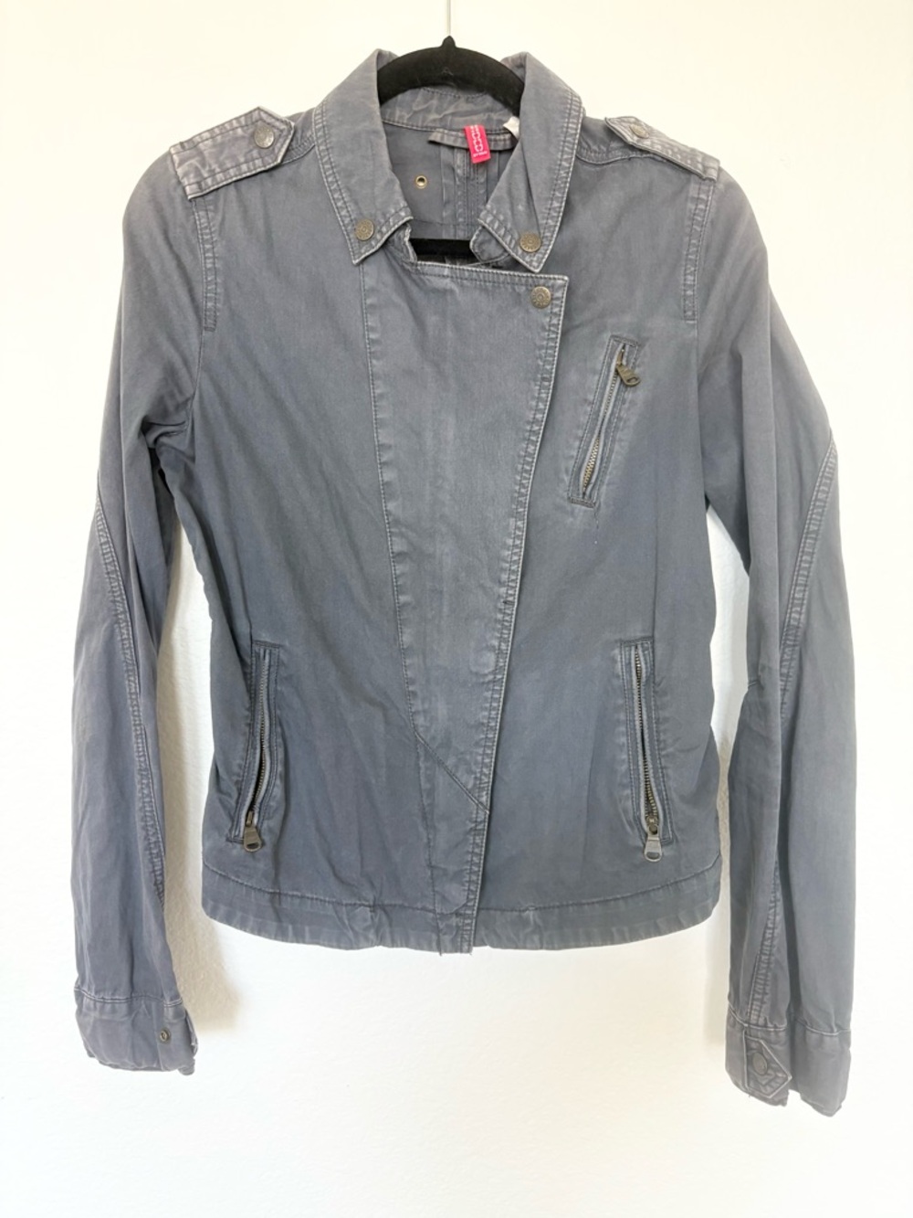 H&M Divided Grey Moto Jacket Asymmetrical Zip 100% Cotton Size 10